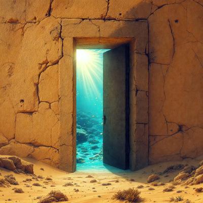 The primary subject of the image is a doorway that leads to a beautiful underwater world. The doorway is open, and the sunlight shines through it, creating a warm and inviting atmosphere. The setting is underwater, with a variety of fish swimming around, adding to the vibrant and lively scene. The visual style of the image is a combination of photo and digital art, creating a realistic yet surreal representation of the underwater world. The colors and mood of the image are predominantly blue
